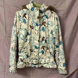 NILS women’s size 10 ski Jacket in Cream with Blue and Brown Floral Design